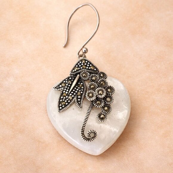 CFJ Mother of Pearl Sterling Silver 925 Marcasite Heart Shaped Earrings - Picture 2 of 4